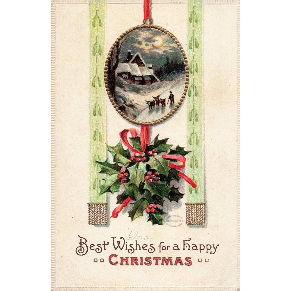 Vintage 1908 Christmas Postcard Embossed Holly Reindeer Winter Cottage Scene VG - Picture 1 of 2